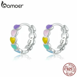 BAMOER Solid S925 Sterling Silver Stud Earrings Enamel Rainbow Love For Women - Picture 1 of 11