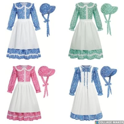 Pioneer Prairie Colonial Dress Costume w/ Apron & Bonnet girls kids 5-12 100 day - Image 1 of 4