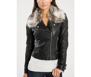 GUESS Finley LEATHER & faux Fur Collar Moto Jacket Black S 4 5 - Picture 1 of 4