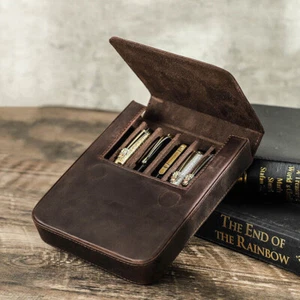NEW Vintage Genuine Leather Pen Case Office Pencil Holder Pens Organizer Bag USA - Picture 1 of 14