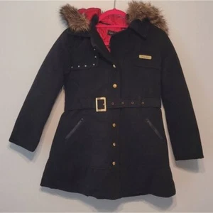 Baby Phat Girlz Medium Black Belted Peacoat Jacket w/Detachable Faux Fur Hood! - Imagen 1 de 16