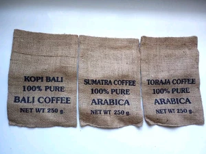 Lot of 3 Small Indonesian Coffee Bean Burlap Bag Sacks Wall Art/Decor/Craft 10x7 - Picture 1 of 4