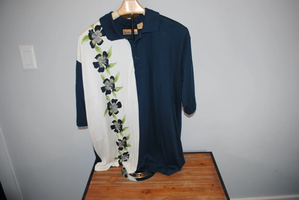 Bobby Chan Mens Hawaiian Shirt Blue & Wht Short Sleeve  Polo  Silk Blend  Size L - Image 1 of 4
