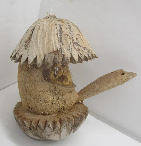 Vintage Carved Coconut, Bird Sticking out of Birdhouse Cover