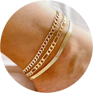 Gold Ankle Bracelets for Women, 14K Gold Anklets for Women Waterproof Cuban Link - Picture 1 of 12