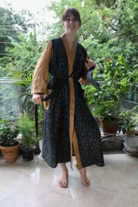 Kimono Lungo In Seta Nera Per Donna Accappatoio Kimono Gown PS KMO5108 - Foto 1 di 9