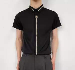 Men's Fashion Summer Lapel Short Sleeve Color Matching Slim Dress Shirt Blouses - Picture 1 of 18