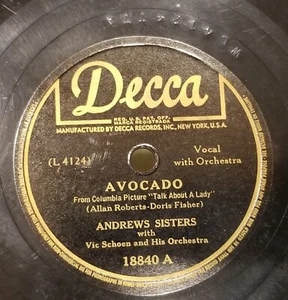 78RPM RECORD #18840~ANDREWS SISTERS~1946~AVOCADO~HER BATHING SUIT NEVER GOT WET - Picture 1 of 7