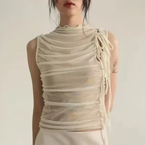 Lady Mesh Shirt Slim Fit Mesh Vest Sleeveless Binding Band Folded Edge Tops Sexy - Picture 1 of 10