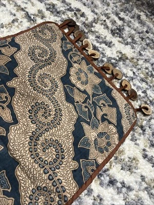 Light Dark Blue Indonesian Floral Abstract Cotton Table Runner w/ Wooden Fring - Image 1 of 4