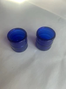 2 Cobalt Blue Mini Jar Glass Embossed THIS CUP HOLDS A HEAPING DESSERT SPOONFUL - Picture 1 of 4