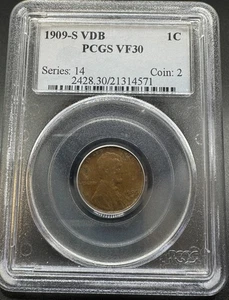 1909-S VDB LINCOLN CENT PCGS OGH BLUE LABEL VF30 11EGXA25 - Picture 1 of 4