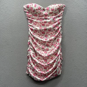 More to Come Satin Ruched Mini Dress Pink Red Floral Strapless Sweetheart Small - Picture 1 of 12
