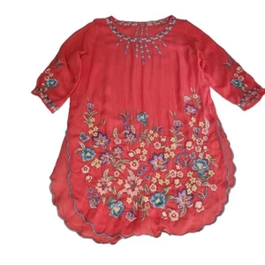 Johnny Was Size S Embroidered Blouse 'Marin Top' Coral Bohemian Tunic In EUC - Picture 1 of 8