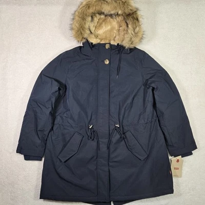 Chaqueta parka acolchada azul marino con capucha forrada de piel sintética Levis para mujer 1X Foto 1 de 4