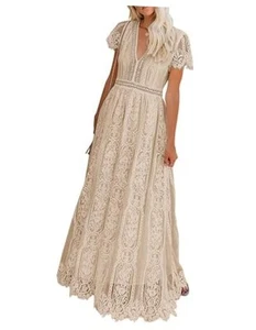 Women's V Neck Short Sleeve Floral Lace Wedding Dress Bridesmaid Cocktail - Picture 1 of 7