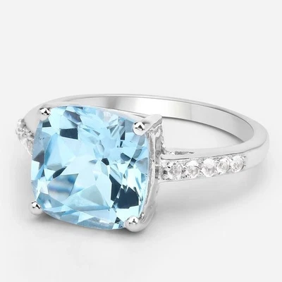 5.20Ct Cushion Cut Natural Topaz and Diamond Gemstone Ring 18K White Gold Plated - Image 1 of 4