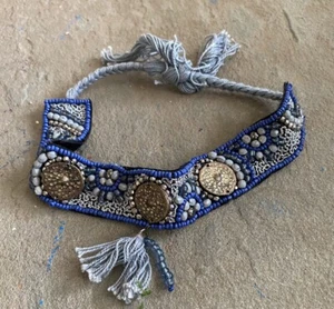 Collar Necklace Ribbon Blue Black Cloth Beaded Embroidered Choker - Picture 1 of 9