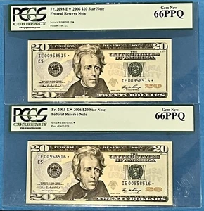 2006 $20 STAR NOTE FRN - 2 IN PMG TOP POP, SEQUENTIAL GEM PCGS 66 PPQ FR 2093-E* - Picture 1 of 5