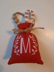 NEW SANTA BAG RED CANDY CANE INITIAL LETTER M MONOGRAM ORNAMENT FREE SHIP - Picture 1 of 1