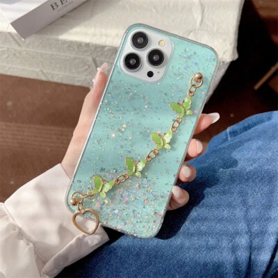 Glitter Case For iPhone 15 14 13 Pro Max Cover Shockproof Butterfly Bracelet - Image 1 of 4