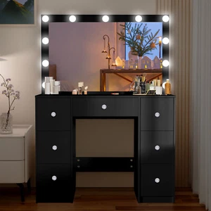 Black Vanity Table Set Large Makeup Dressing Desk w/Lighted Mirror and 7 Drawers - Picture 1 of 9