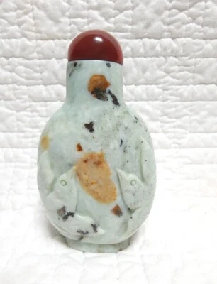  Botella de tabaco china antigua natural tallada a mano de jade manchado Hetian aves  Foto 1 de 4