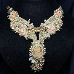 Necklace Michal NEGRIN Crystals fabric flower Cameo Made in Israel - Picture 1 of 10