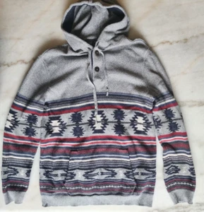 American Eagle Mens Medium Tall Gray Aztec Hoodie Southwestern Sweater Pullover - Picture 1 of 9