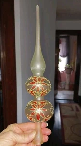 Vtg Christmas Tree Topper Blown Glass Hand Painted Poinsettia Glitter MIB - Picture 1 of 12