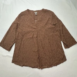 Chicos 2 Women's Large Brown Animal Print 3/4 Sleeve Sheer Blouse Pullover - Picture 1 of 16