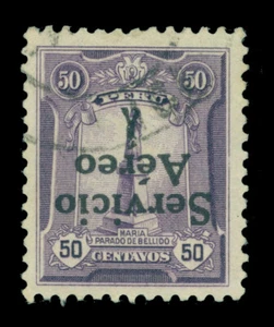PERU 1927 AIRMAIL Overprinted  50c violet - INVERTED OVERPRINT - Sc# C1a used VF - Picture 1 of 2