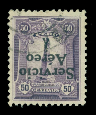 PERU 1927 AIRMAIL Overprinted  50c violet - INVERTED OVERPRINT - Sc# C1a used VF - Image 1 of 2
