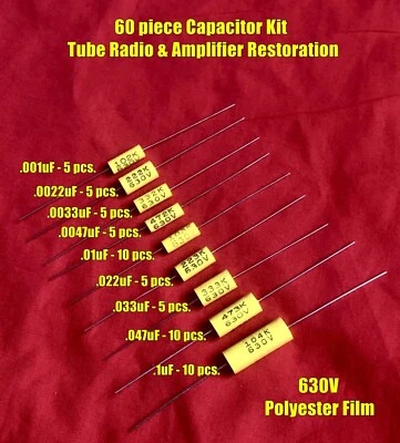 Poly Film 630V Capacitors 60 Piece Kit, 9 Dif. Values Tube Radio Amp Restoration - Image 1 of 2