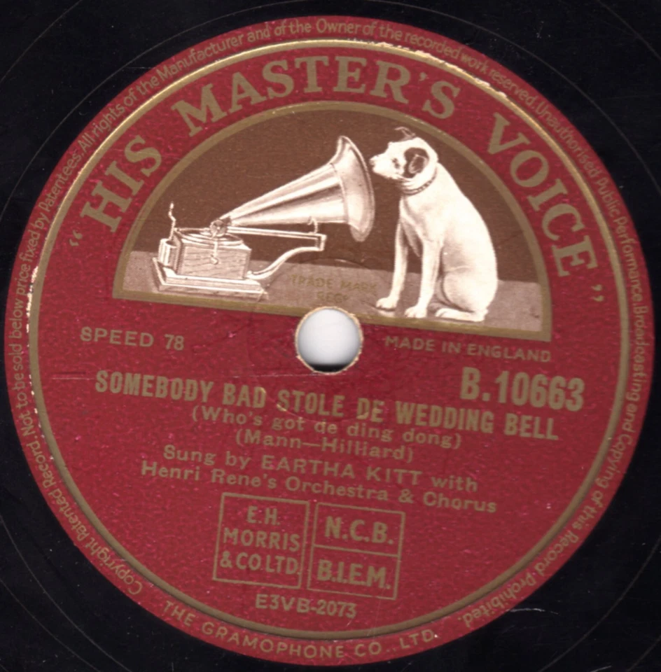 EARTHA KITT 78 SOMEBODY BAD STOLE DE WEDDING BELL / SANDY'S TUNE HMV B 10663 E - Image 1 of 1