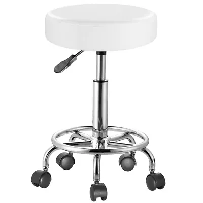 Sgabello con ruote Rotondo Ecopelle Bianco Altezza Regolabile Base Acciaio Zinc - Immagine 1 di 4