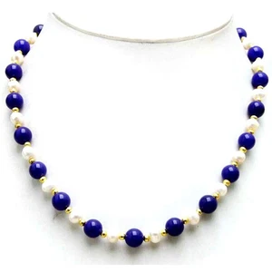 6-7mm Natural FW White Pearl Necklace for Women with 8mm Blue Jade 17'' Chokers - Picture 1 of 5