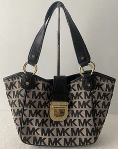 Michael Kors Jet Set Hobo Shoulder Bag Tote Canvas Leather Logo Brown Black - Picture 1 of 16