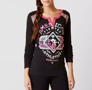 Buckle American Fighter Shirt Womens L Long Sleeve Black Pink Split V-neck *Flaw - Picture 1 of 17