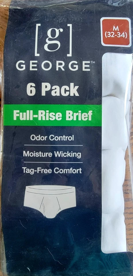 George Men's Size M (32-34) Full Rise Cotton Briefs 6-Pack White