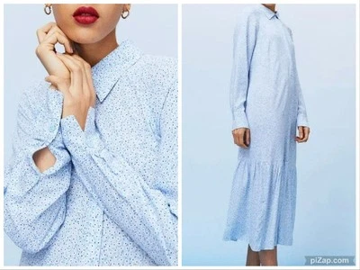 H&M Blue Floral Collared Henley Midi Maxi Tiered Shirt Dress Long Sleeeve S - Image 1 of 4