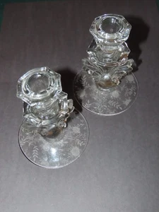 FOSTORIA BAROQUE CANDLESTICKS 6" PAIR VINTAGE ETCHED GLASS USA FLORAL PATTERN - Picture 1 of 3