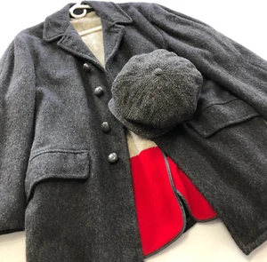 RARO De Colección 1940/50s Lana Pesada Abrigo Coche Gris Piel Forrado Pckts Cuero Botones - Imagen 1 de 23