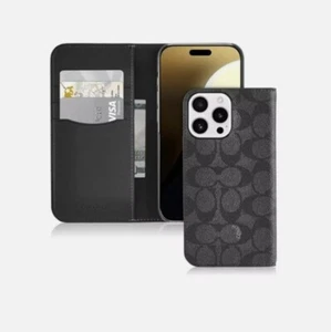 Coach iPhone 16 PRO Signature Canvas Wallet Folio Case, Signature Charcoal - Picture 1 of 7