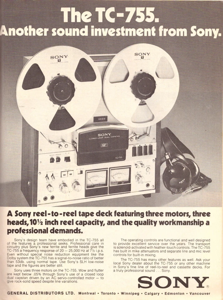 1974 Sony Tape Deck Recorder Cassette Electronics Black & White Vintage Print Ad - Image 1 of 1