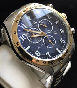 Men's Genuine Citizen Eco Drive Solar Chronograph Navy Blue AT2414-51L Two Tone - Picture 1 of 17