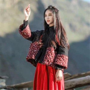 Retro Chinese Style Women's Floral Print Cotton Padded Linen Quilted Short Coats - Picture 1 of 27