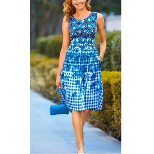 Talbots Kleid Fit Flare Blumen ärmellos blau weiß Gingham Plissee Taschen 22 - Bild 1 von 10