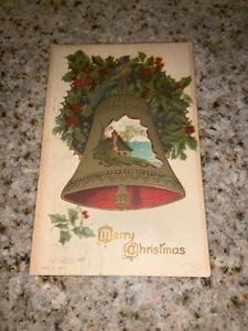 Antigua Postal de Navidad Vintage Feliz Navidad 1909 SELLADA ACEBO CAMPANA #1628 - Imagen 1 de 10