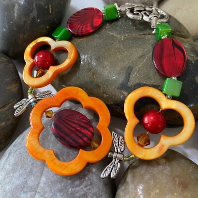 Handmade Dragon Fly Floral Swarovski Orange Abalone Red Tiger Jasper Bracelet - Image 1 of 3